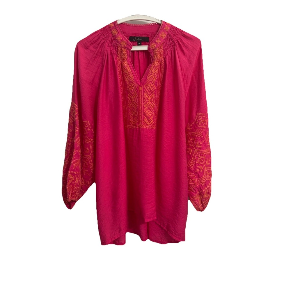 Calessa Womens Plus 1X Pink Embroidered V-Neck Tunic Top Boho Casual NWT $79